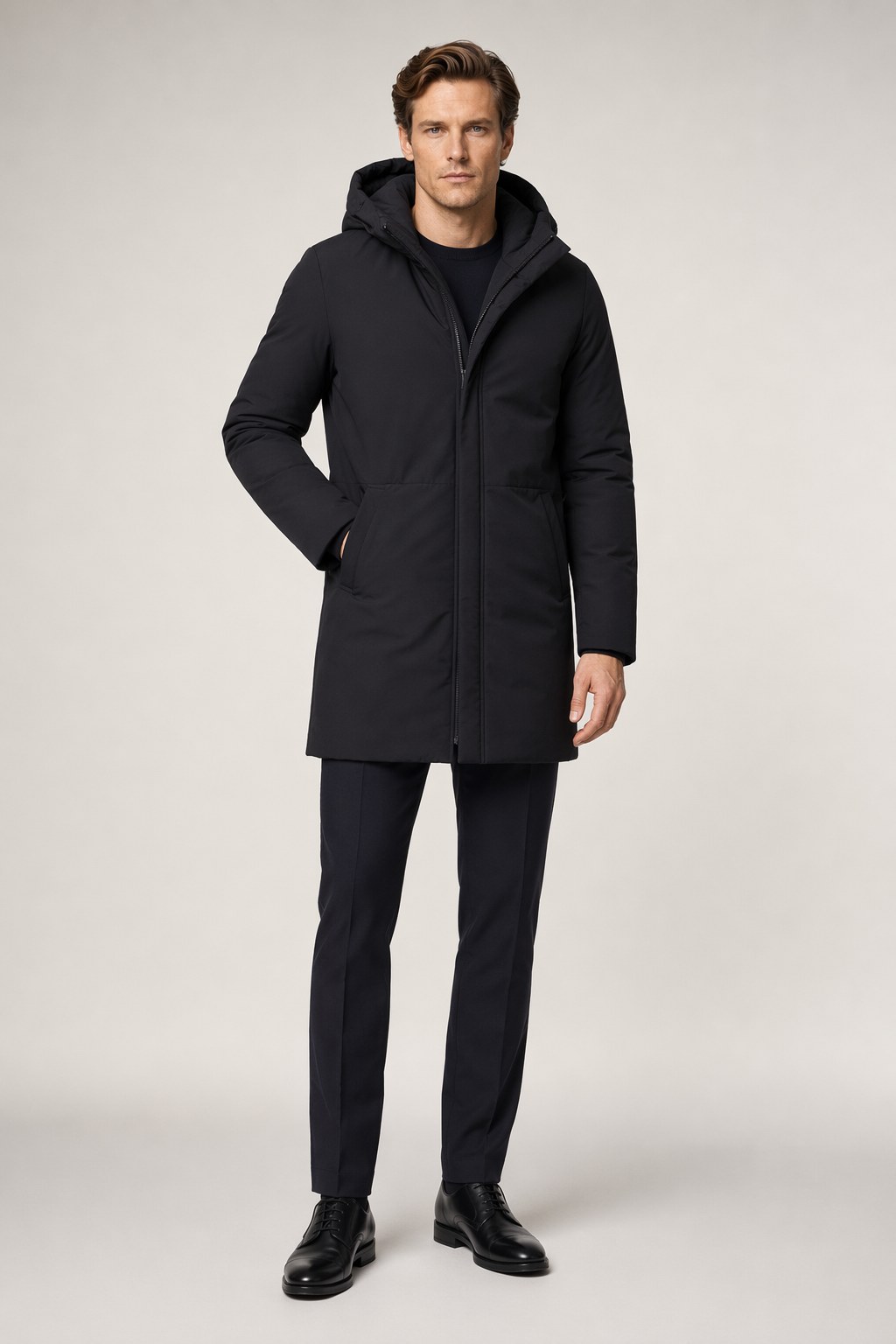 Mid-Length Hooded Men's Puffer Jacket Black