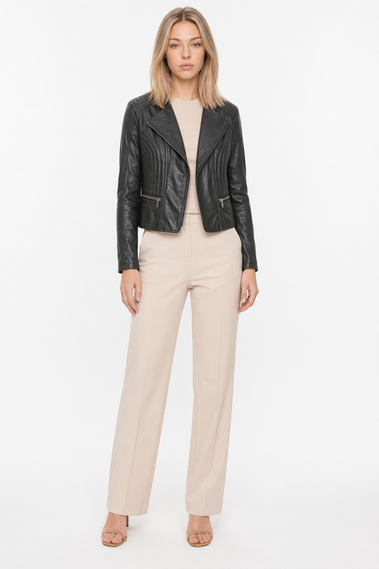 Cropped Motorcycle Jacket for Women with Slim Fit Black