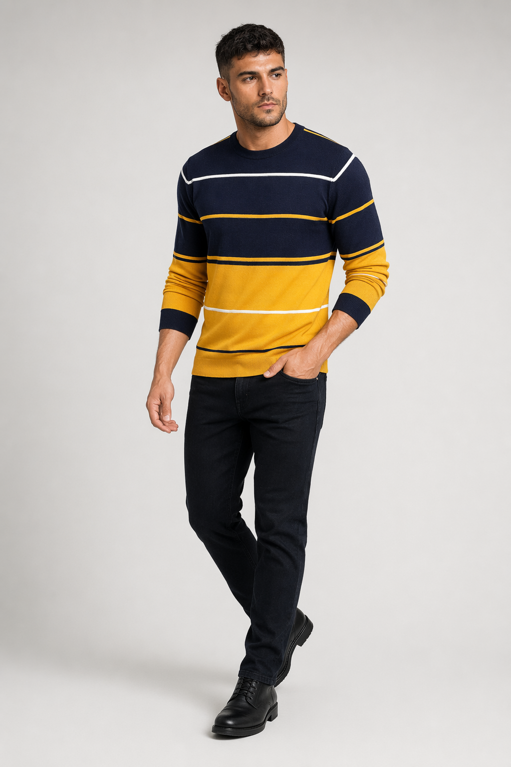 Two-Toned Striped Men's Sweater with Round Neck Navy