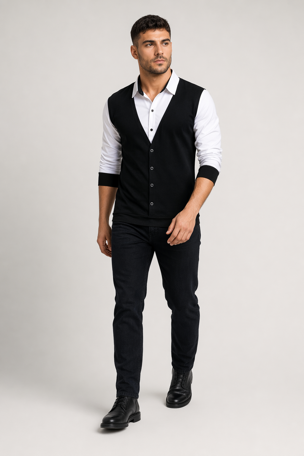 Vest-Enhanced Men's Layered Shirt Black