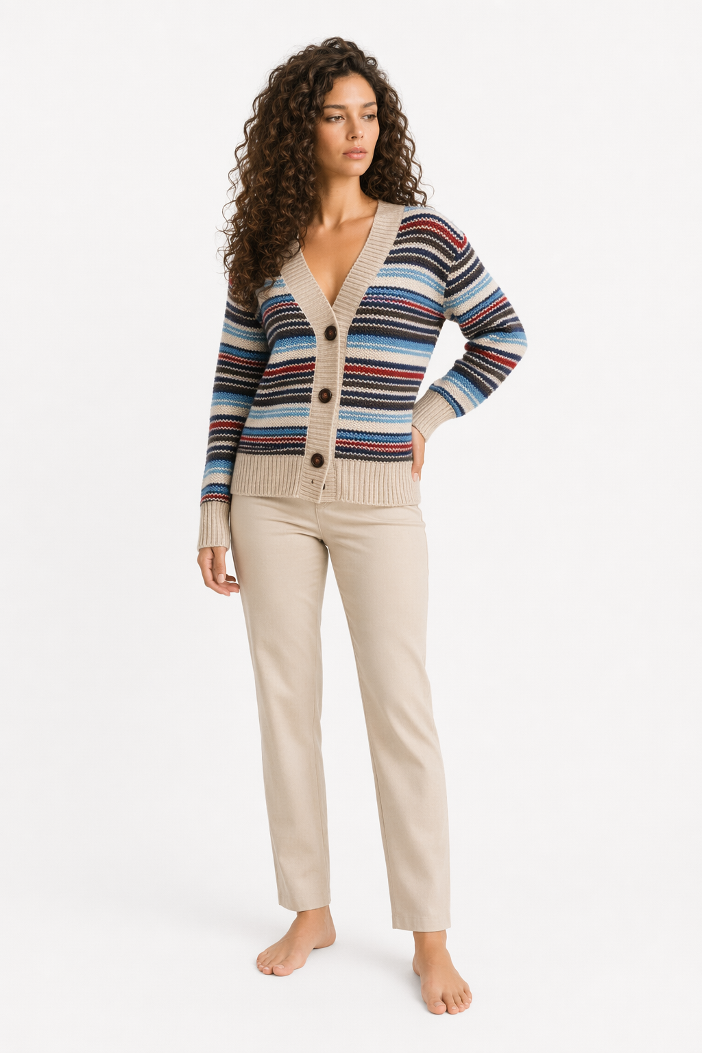 Striped Cardigan for Women with Button Front Beige