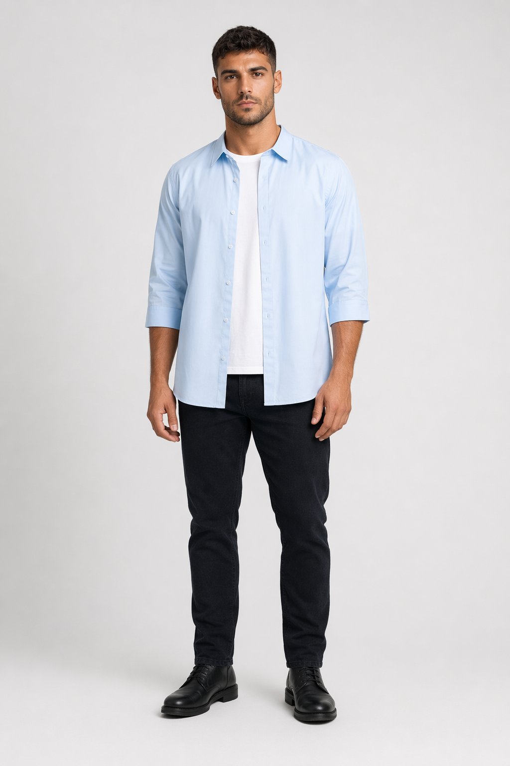 Button-Up Shirt for Men with Three-Quarter Sleeves Light Blue