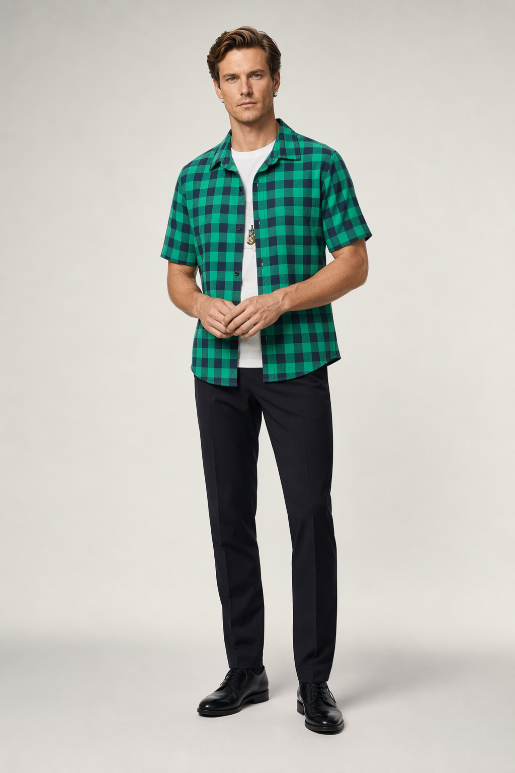 Checkered Short Sleeve Men's Shirt Green