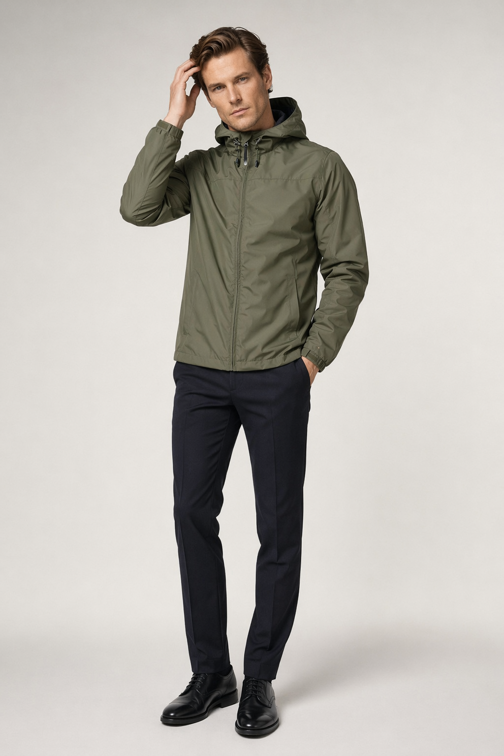 Windproof Hooded Jacket for Men with Elevated Collar Green
