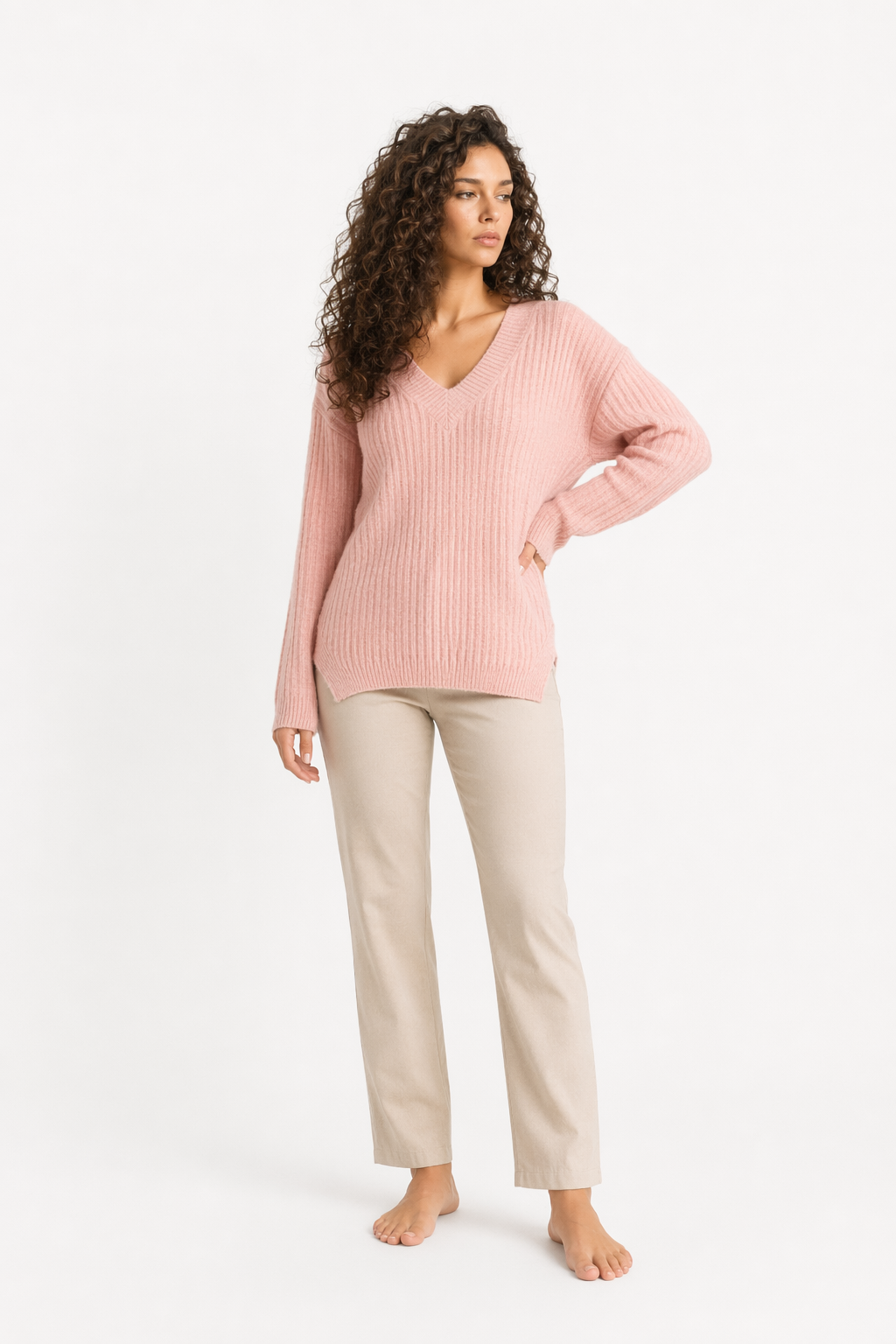 Ribbed Knit Sweater for Women with a V-Neck Design Pink