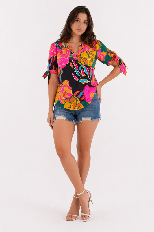 Summer Floral V Neck Top for Women with Vibrant Colors Pink