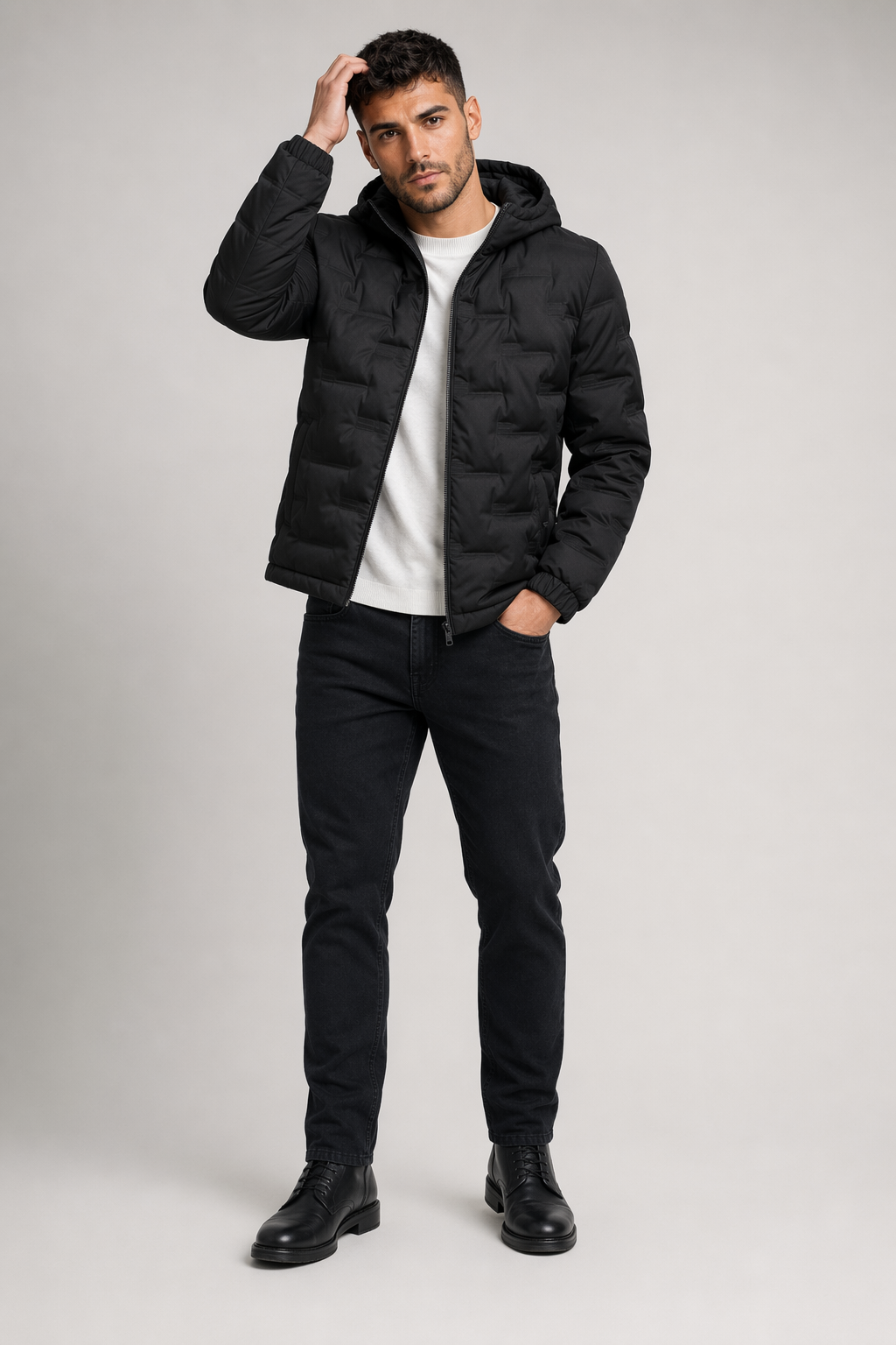 Hooded Puffer Jacket for Men with Zipper Closure Black