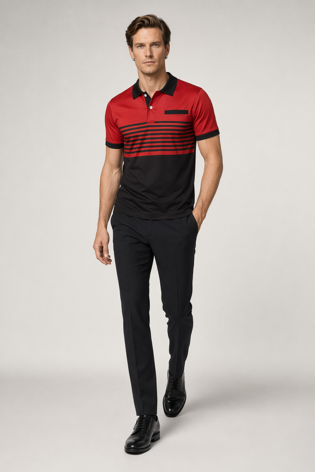 Short Sleeve Casual Polo Shirt with Striped Print for Men Red