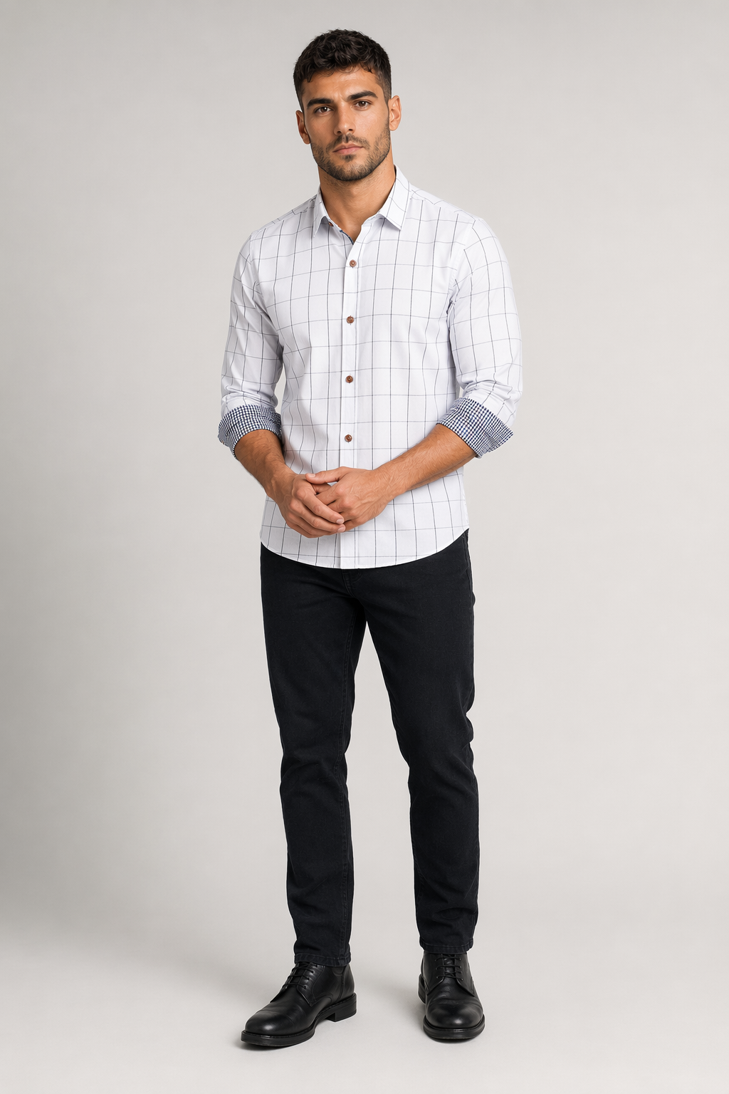 White Plaid Button Up Shirt for Men Default