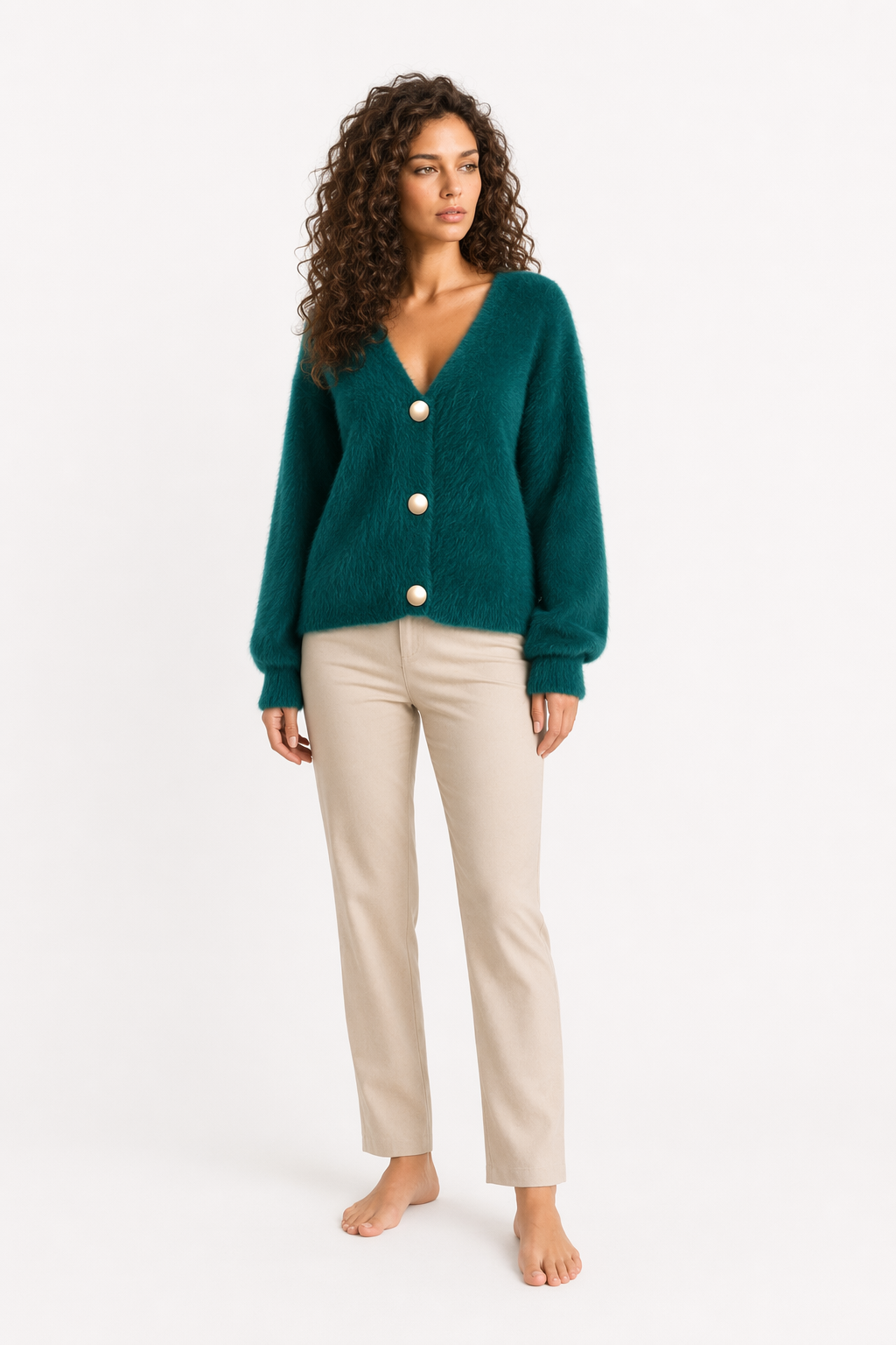 Fuzzy V-Neck Women's Cardigan Dark Green