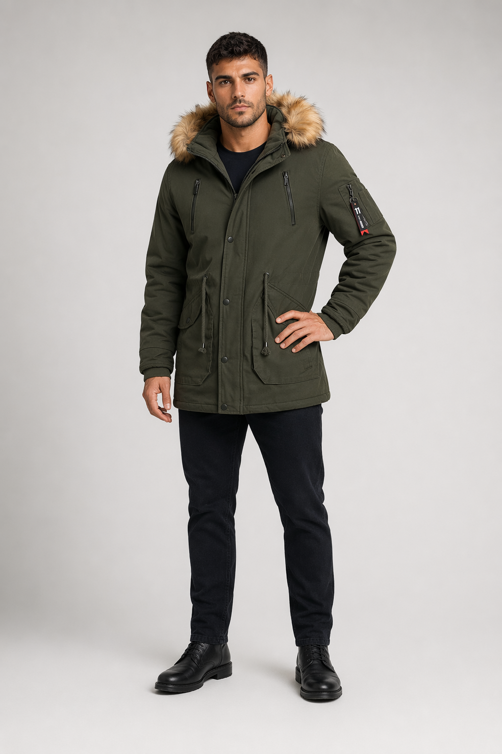 Men's Fur-Lined Parka Coat Army Green