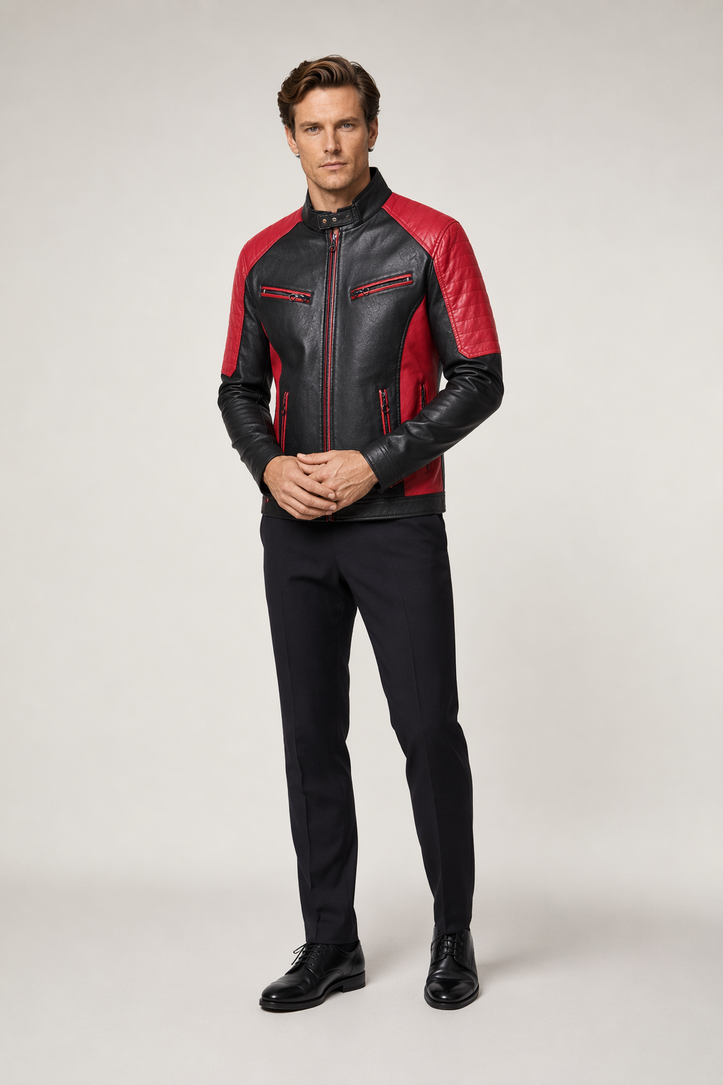 Two-Toned Faux Leather Motorcycle Jacket for Men Red