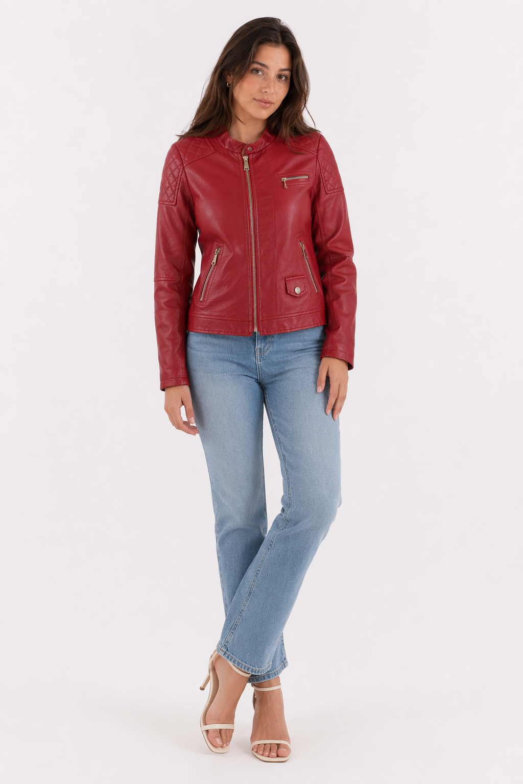 Quilted Faux Leather Jacket for Women Red