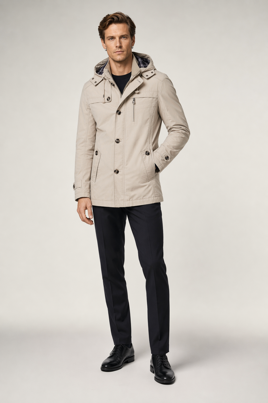 Winter Trench Coat with Mid Length and Hood for Men Beige