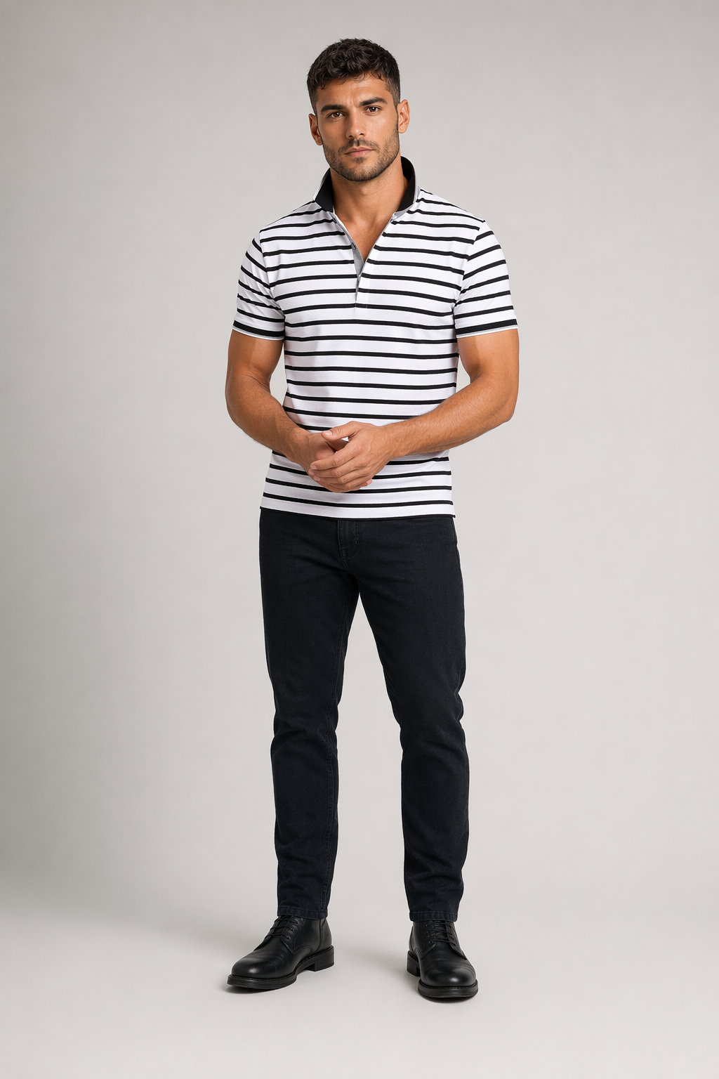 Slim Fit Polo Shirt for Men with Short Sleeves in Stripes White
