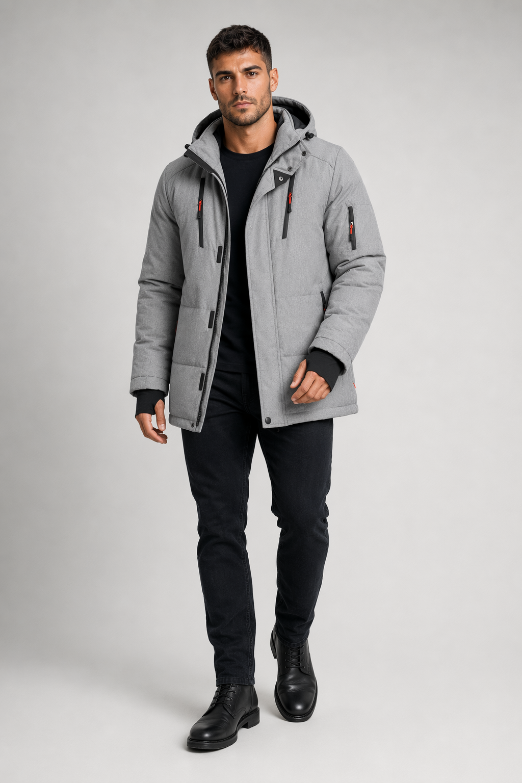 High Collar Men's Puffer Jacket with Detachable Hood Gray