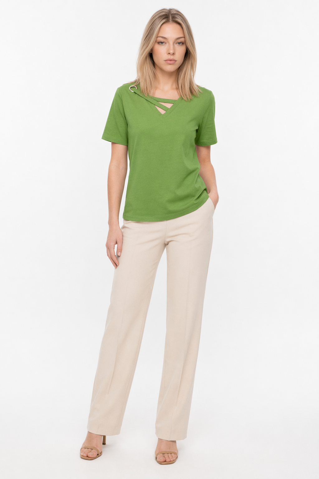 Korean V-Neck Women's Summer Blouse Green