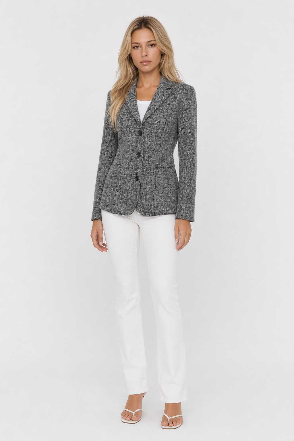 Three-Button Women's Blazer for a Sophisticated Business Casual Look Gray
