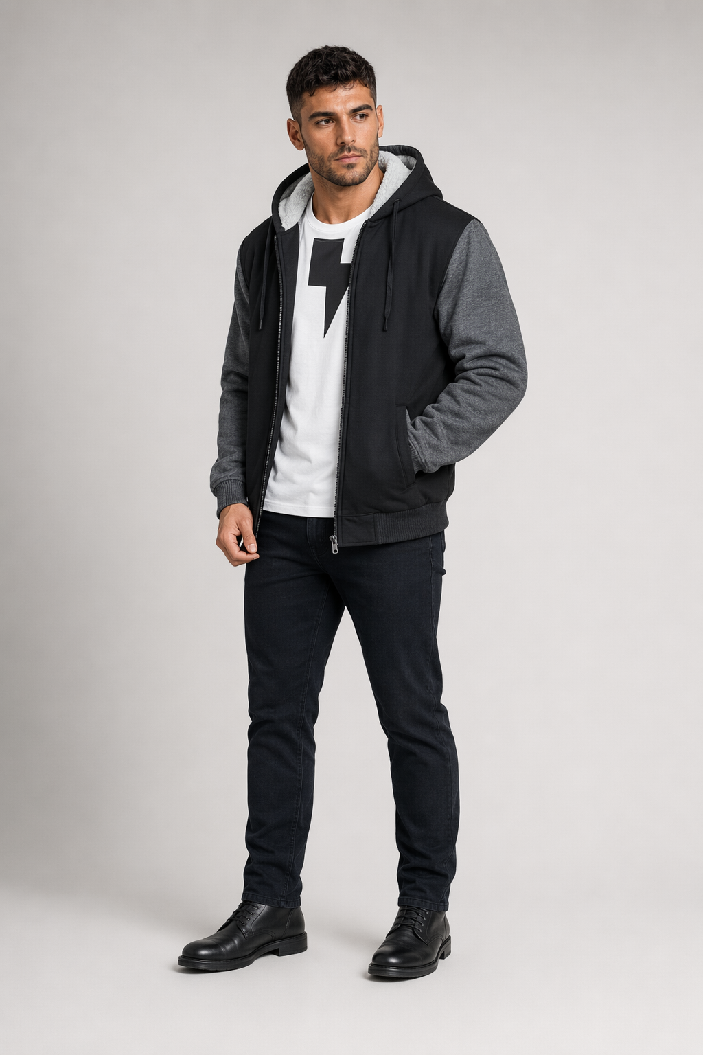 Winter-Lined Men's Zippered Hoodie Dark Gray