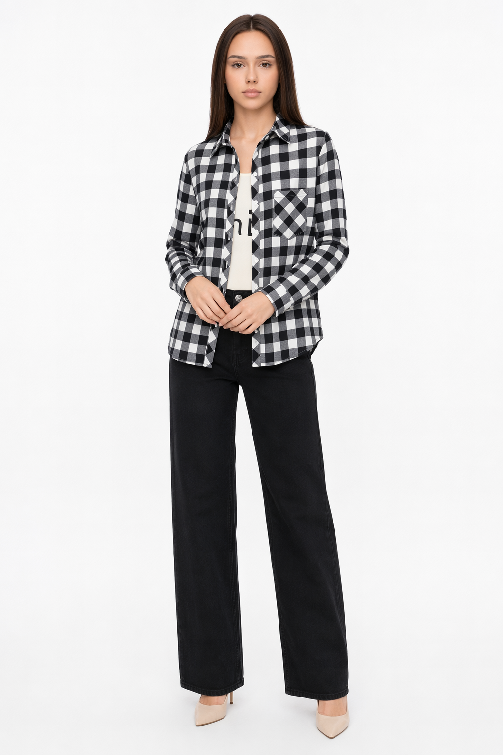 Casual Plaid Long Sleeve Shirt for Women Black