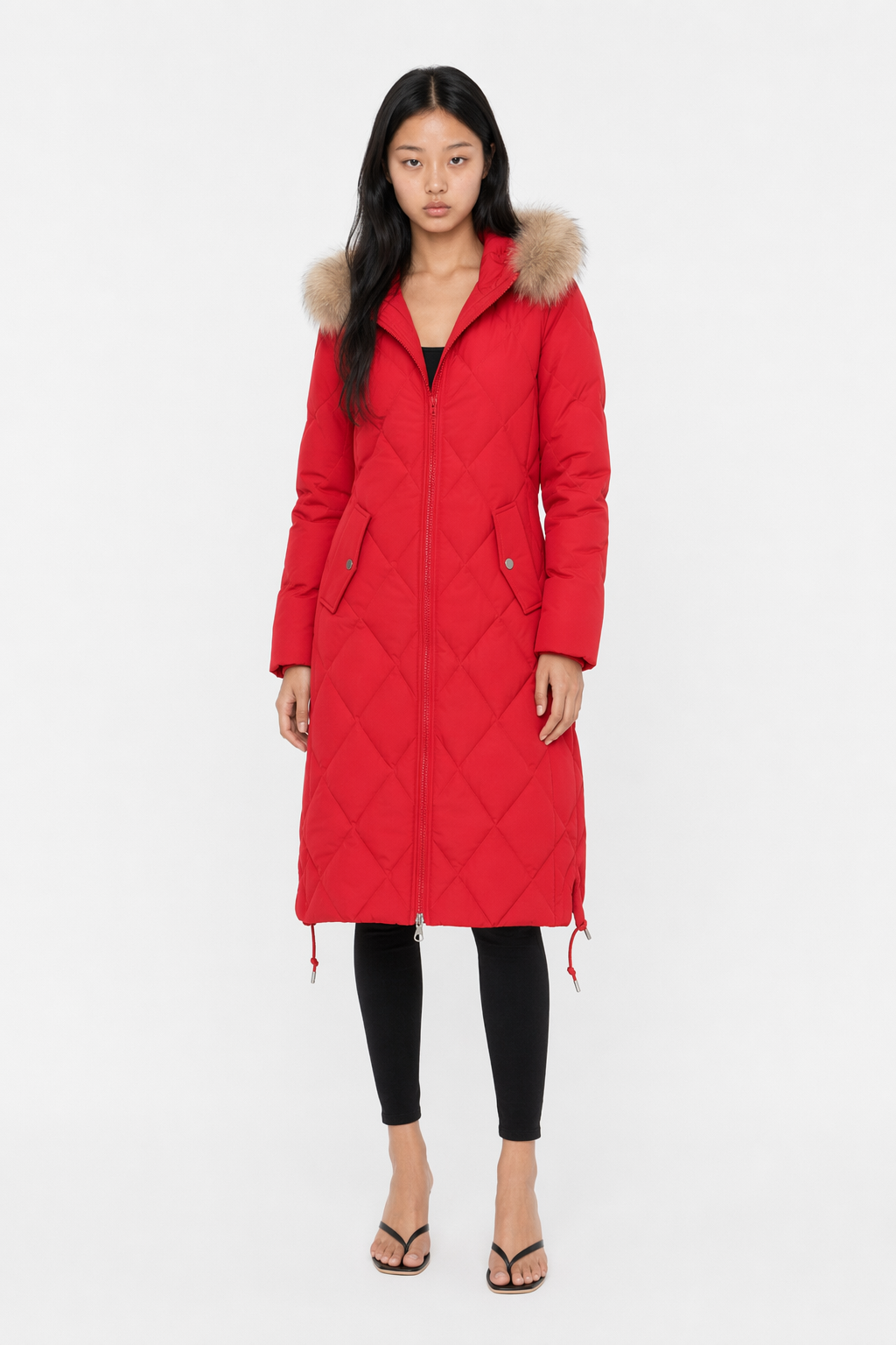 Long Coat for Women with a Hood Fur Trim and Zipper Closure Red