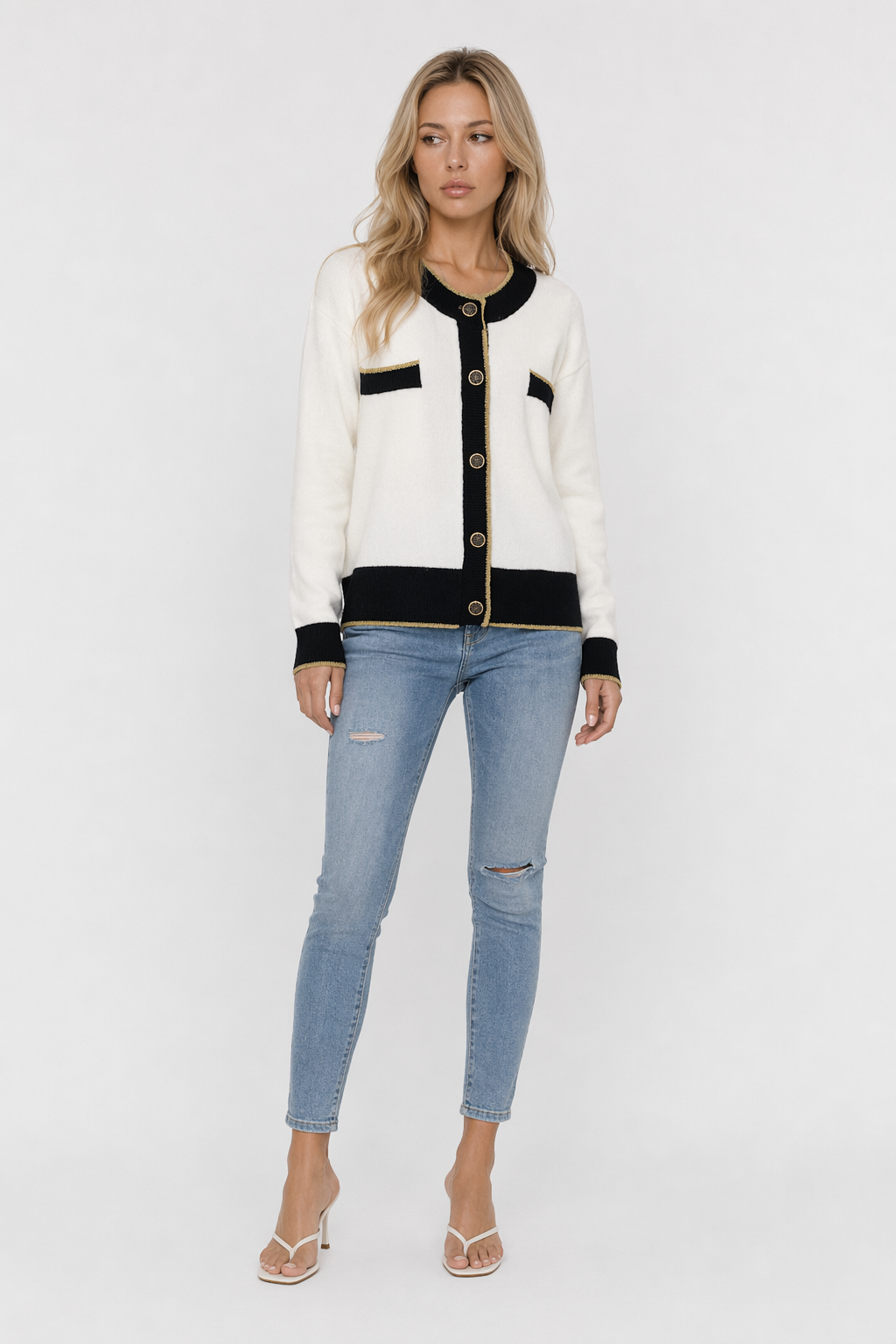 Two Tone Women's Button-Up Cardigan - Clarifying the Essence of the Product while Distinguishing It from the Original White