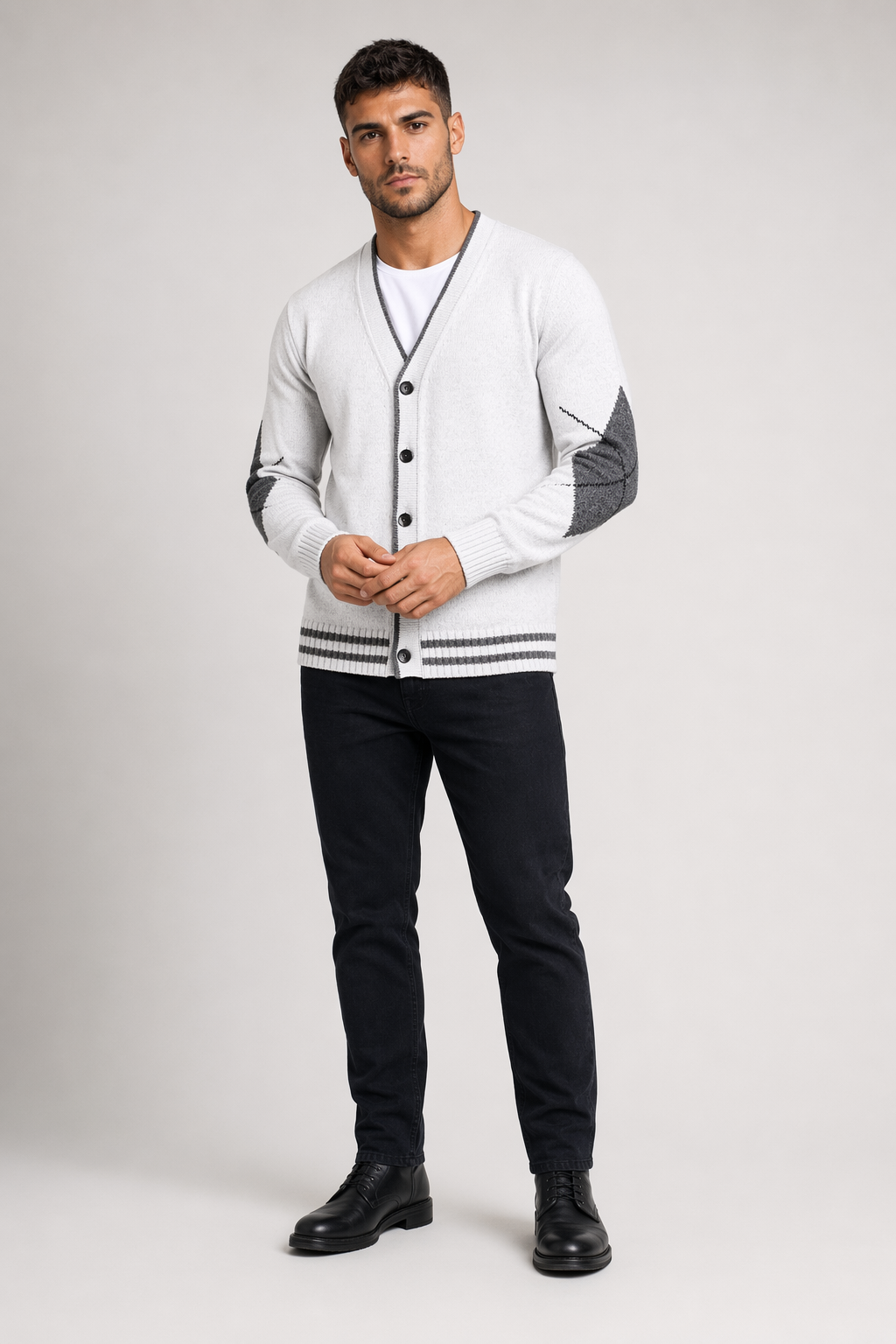 Men's Sweater with Crossed Elbow Patch and V-Neckline White