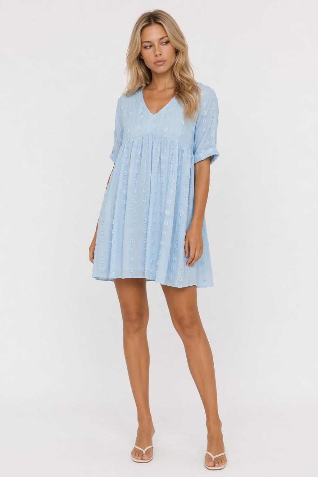 Flowy Short-Sleeved Dress for Women with a V-Neckline Blue