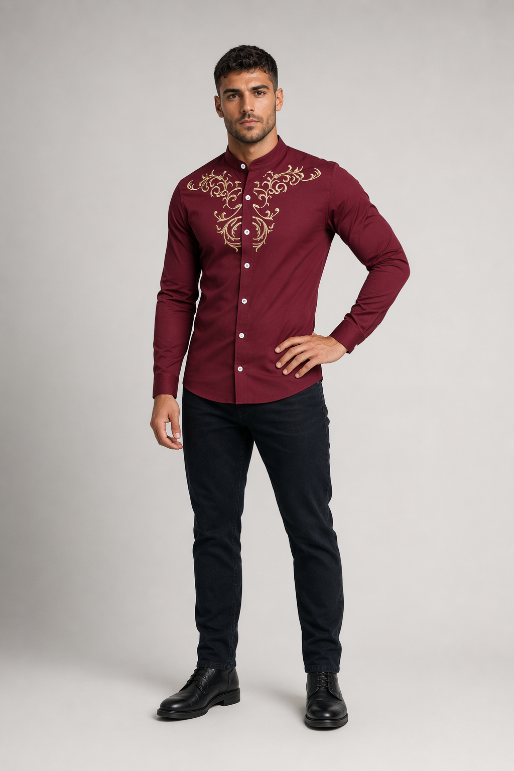 Slim Fit Men's Floral Embroidered Button Down Shirt RED