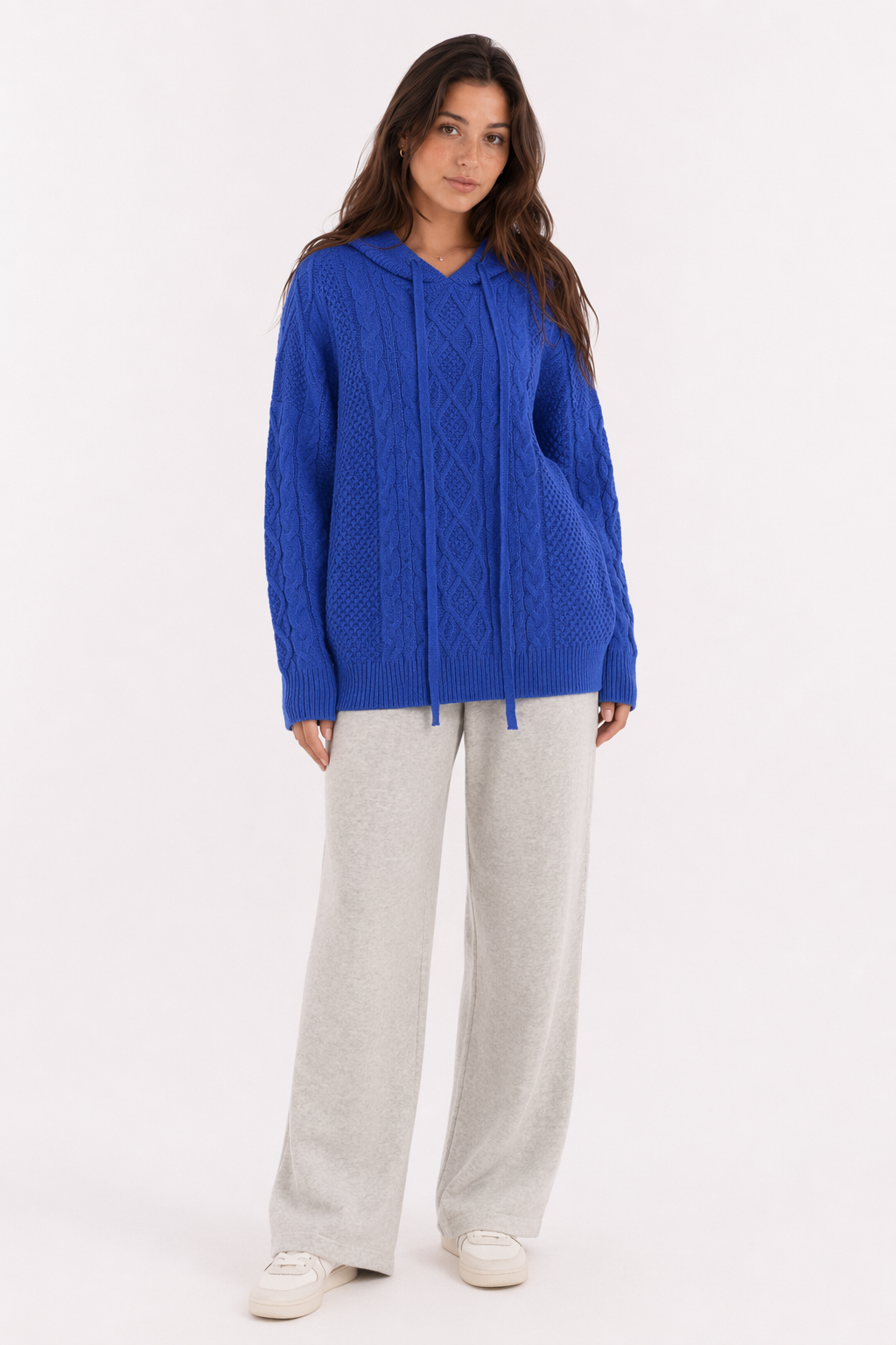 Hooded Cable-Knit Sweater for Women Blue