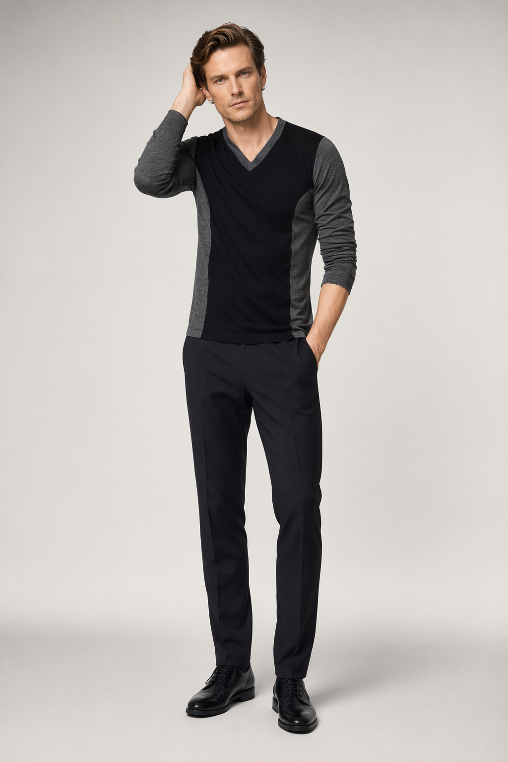 Dual Tone V-Neck Long Sleeve Men's Top Default