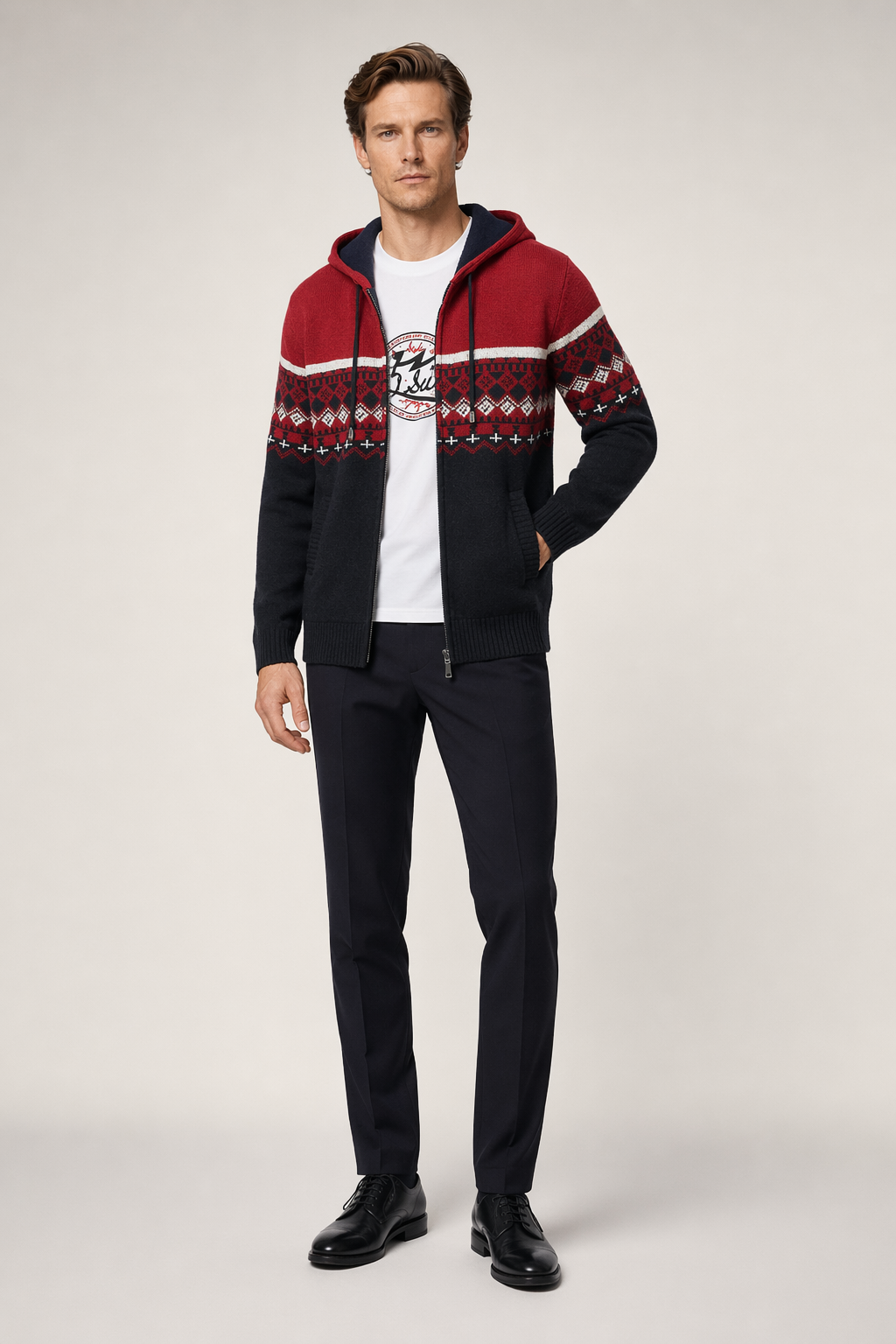 Printed Zip-Up Hooded Jacket for Men Red