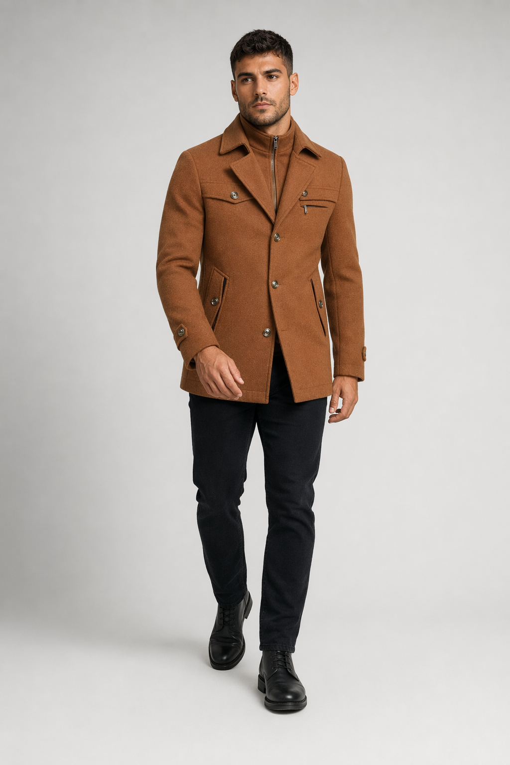 Military Style Men's Coat with Layered Collar and Button Front Brown