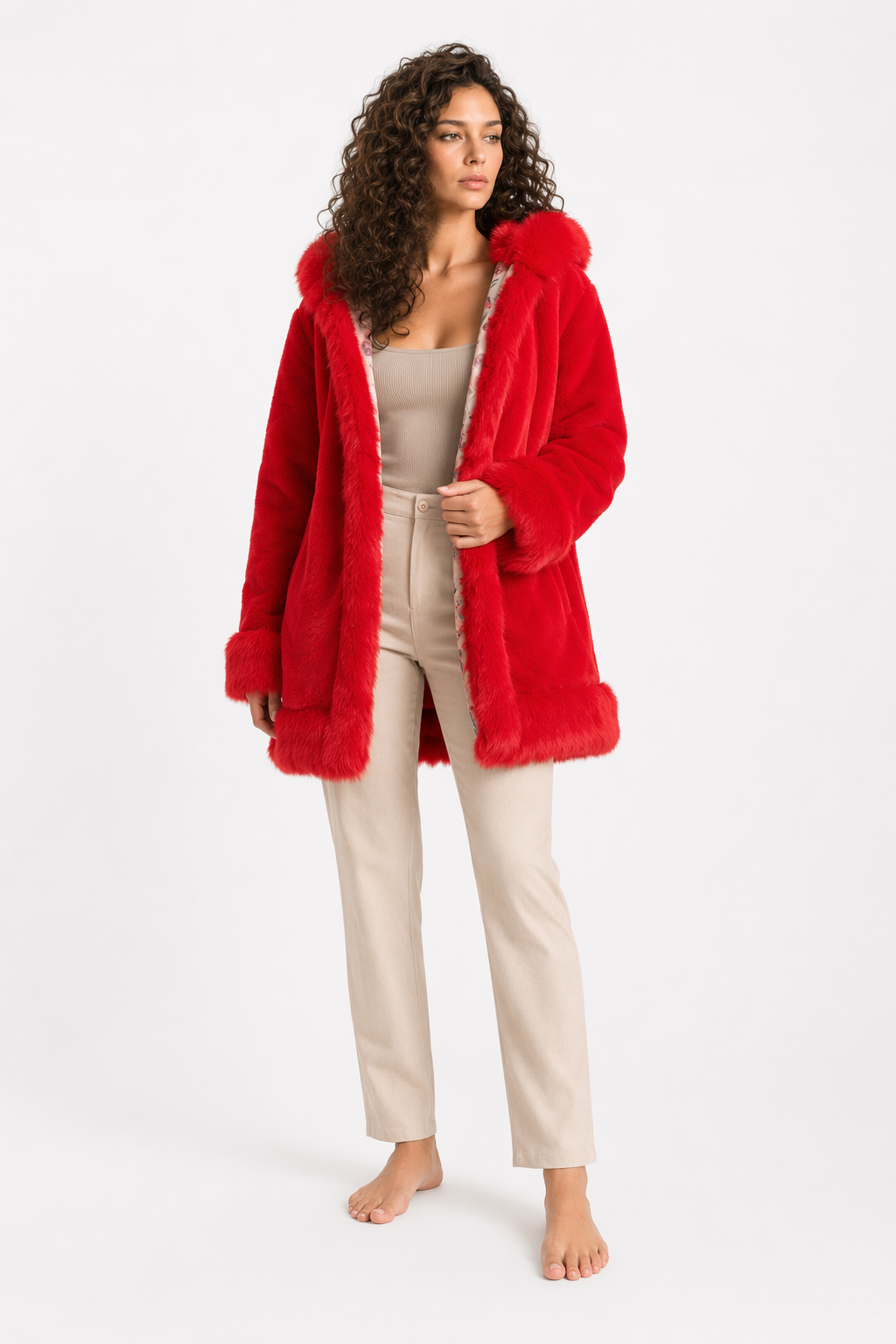 Faux Fur Hooded Women's Coat Red