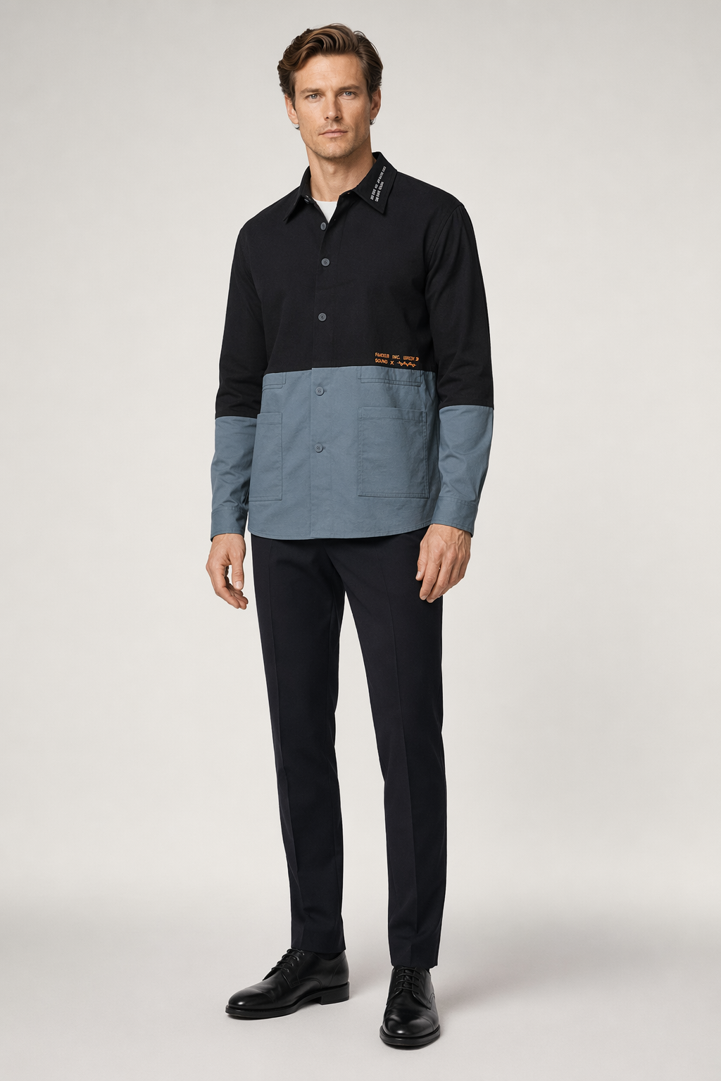 Long Sleeve Two-Toned Casual Men's Shirt Black