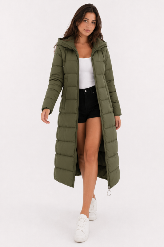 Long Army Green Hooded Women's Puffer Jacket Default