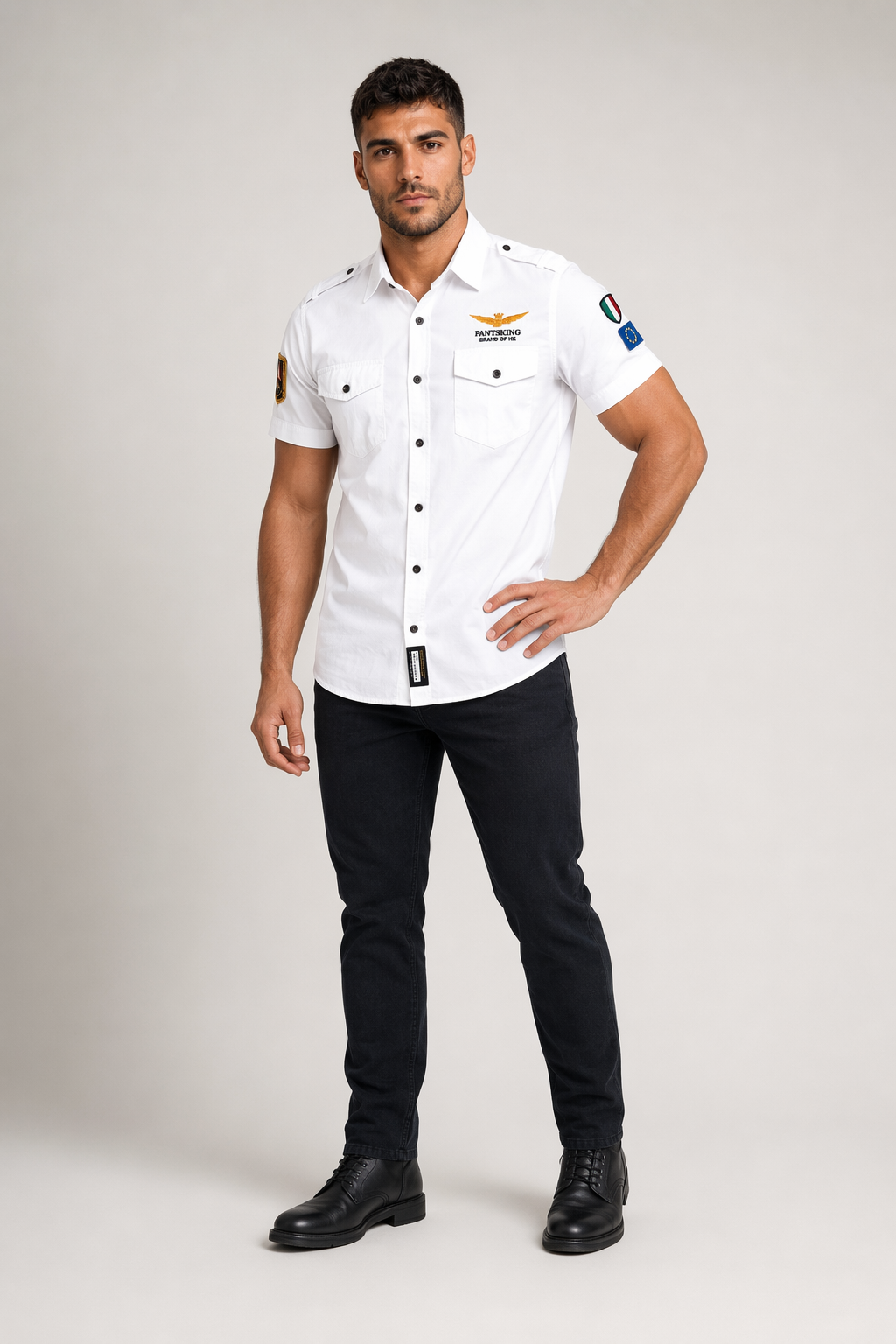 Short Sleeve Military-Style Shirt for Men White