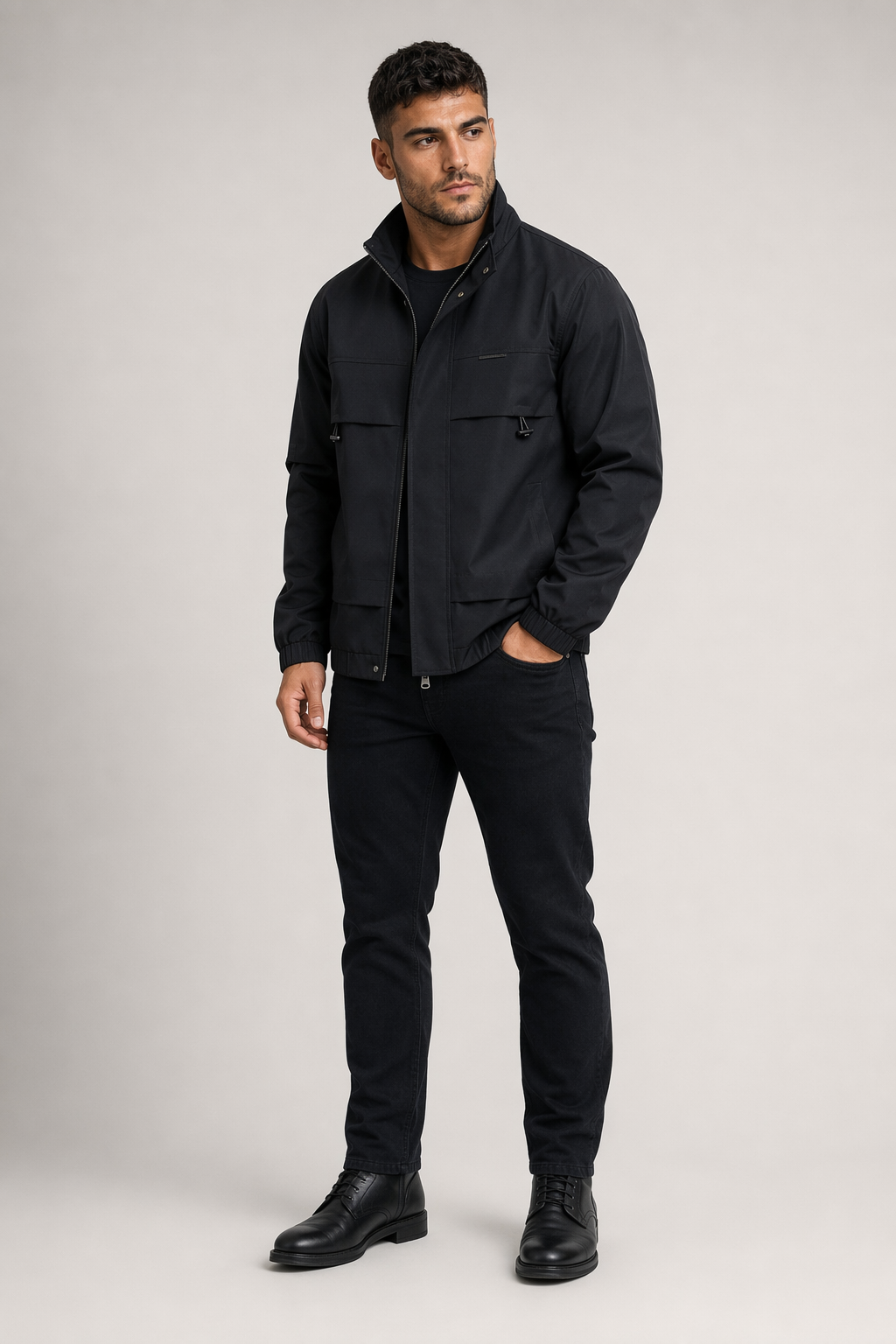 High Collar Windproof Jacket for Men Black