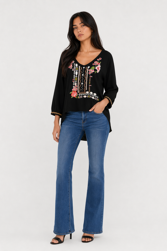 Embroidered Top with Three-Quarter Sleeves for Women Black
