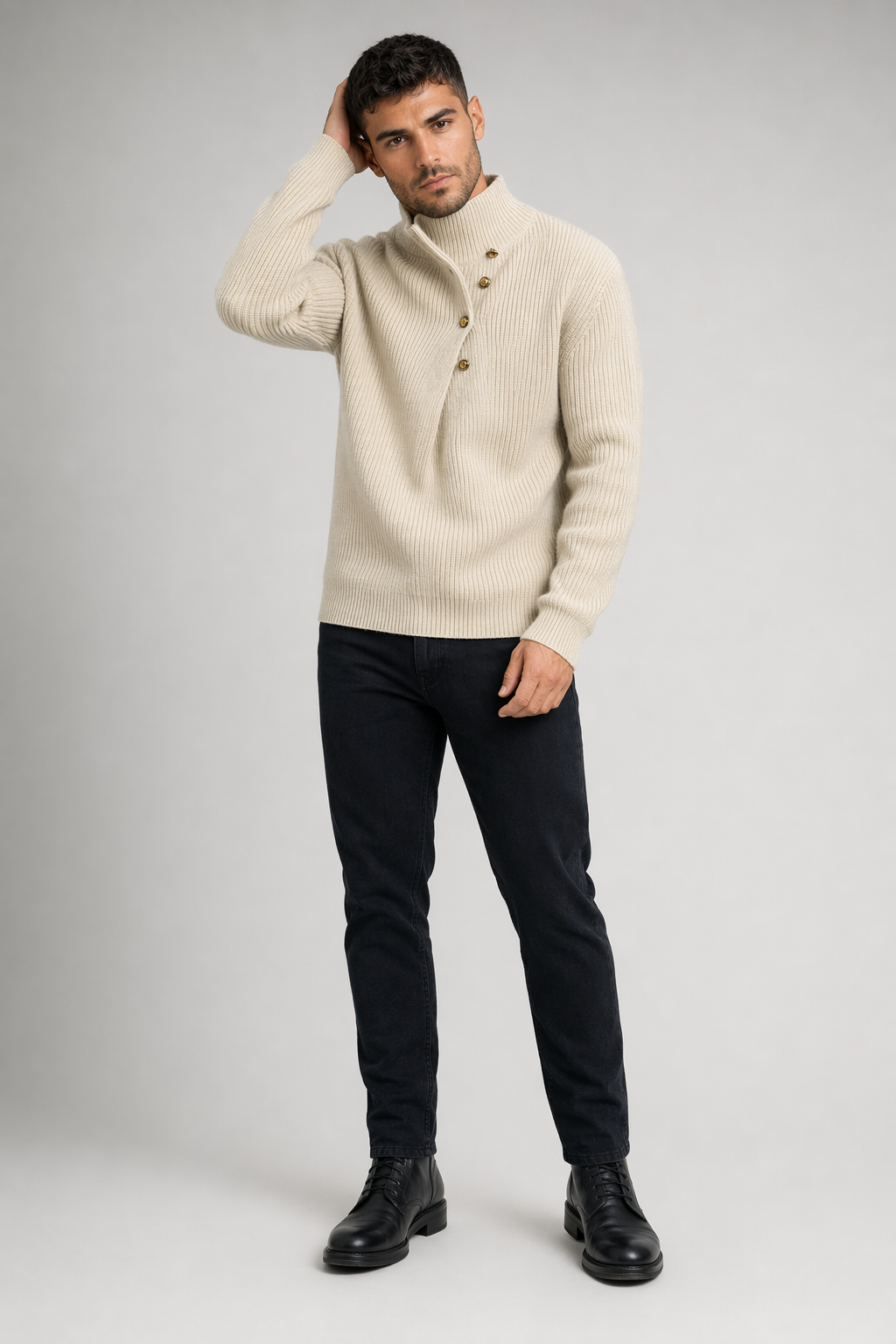 Buttoned Wrap Collar Sweater for Men with Stylish Details Khaki