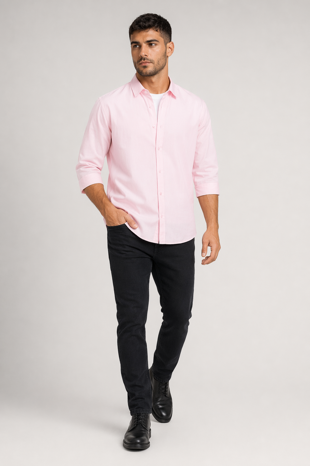 Button-Up Shirt for Men with Three-Quarter Sleeves Pink