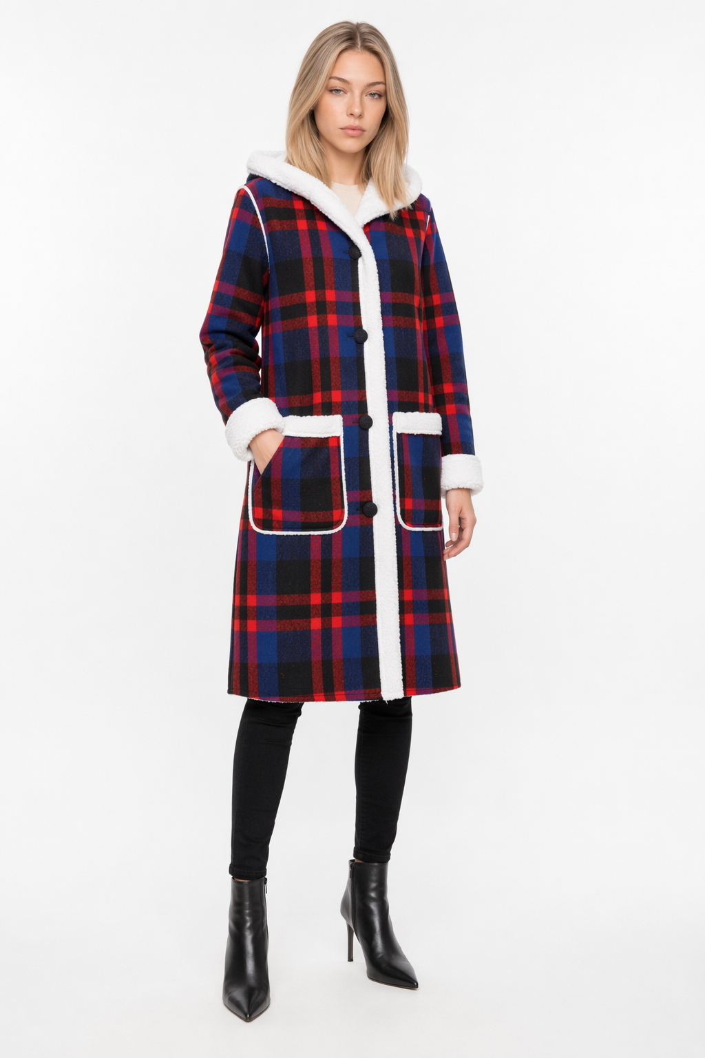Hooded Women's Check Print Jacket Blue