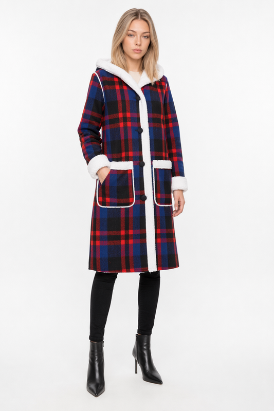 Hooded Women's Check Print Jacket Blue