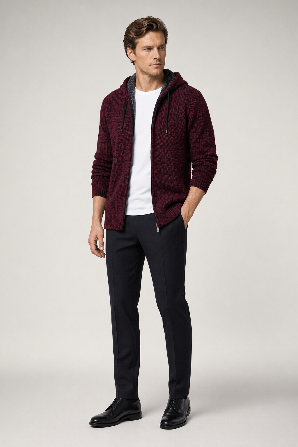 Red Wine Men's Zippered Hooded Jacket Default