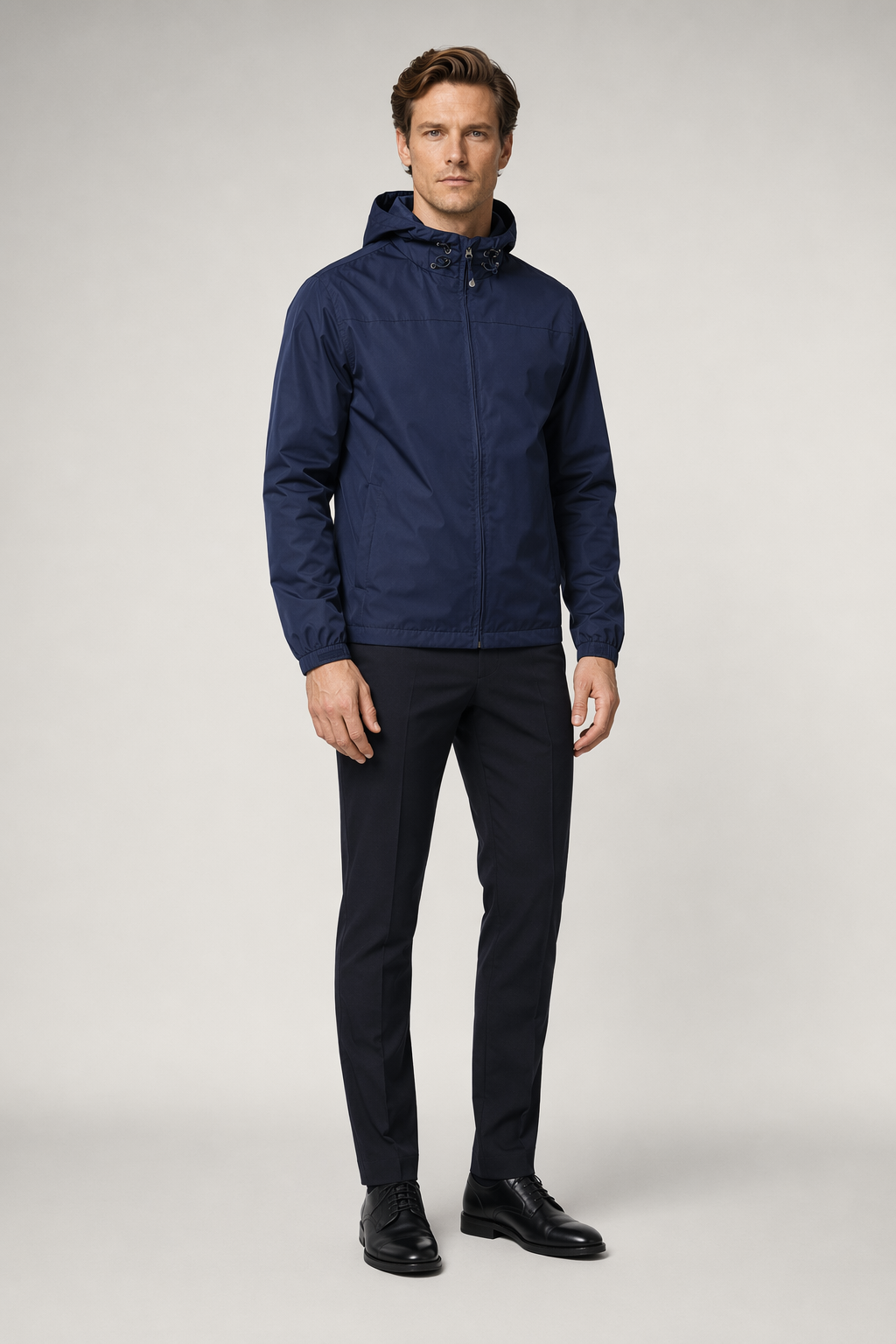 Windproof Hooded Jacket for Men with Elevated Collar Navy