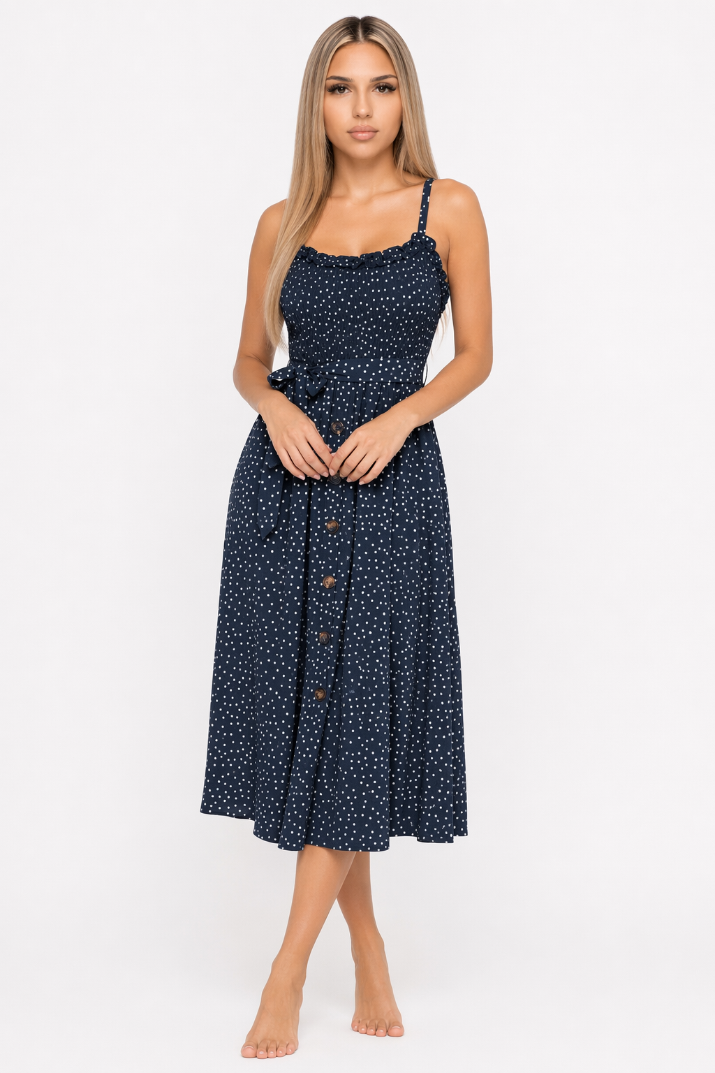 Polka Dot Maxi Dress for Women with Spaghetti Straps Navy
