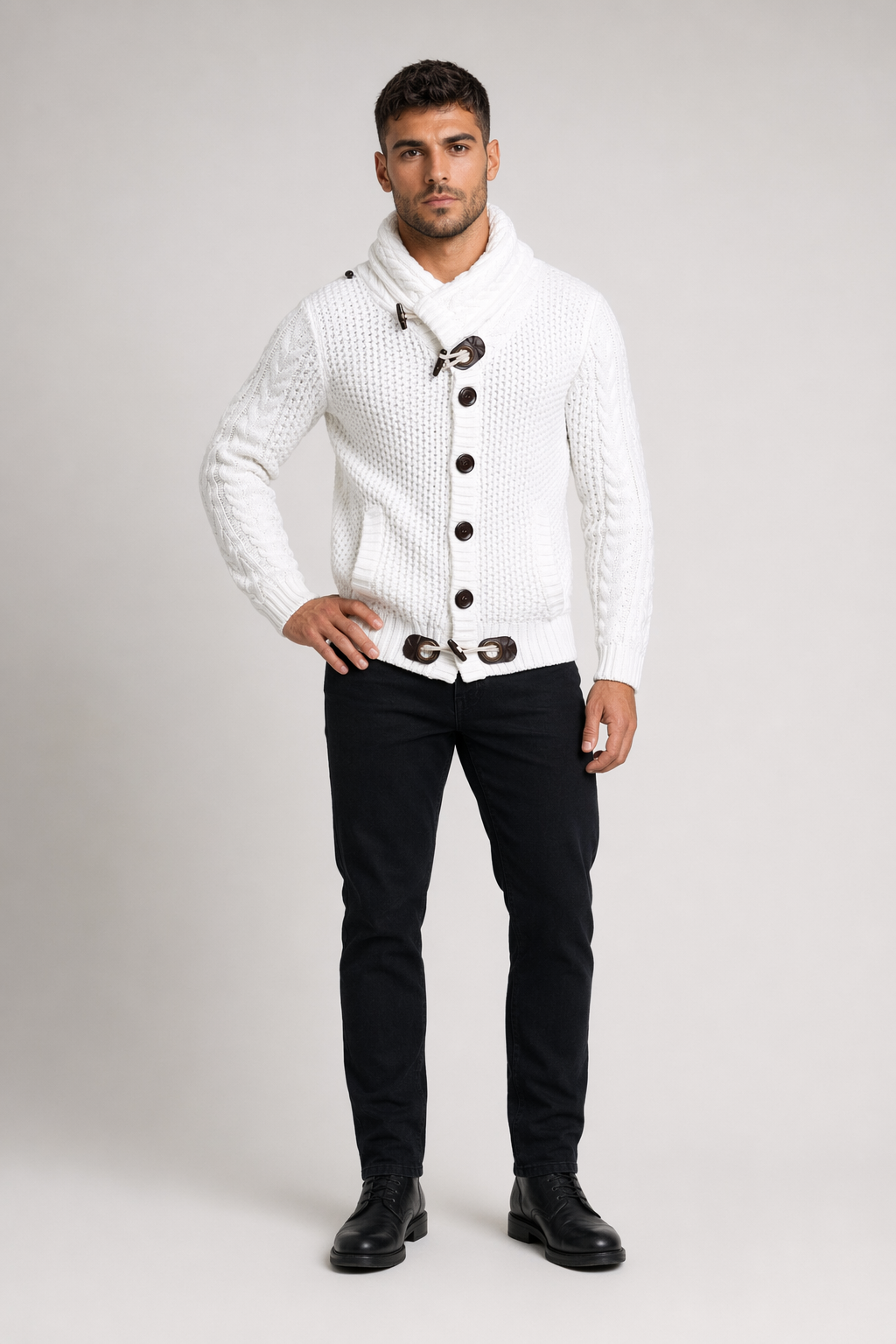 Horn Button Men's Cardigan with Shawl Collar White