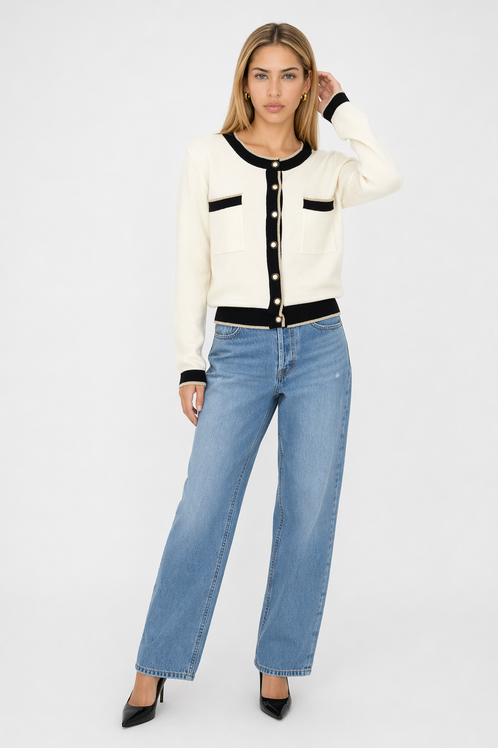 Cropped Two Tone Cardigan for Women White