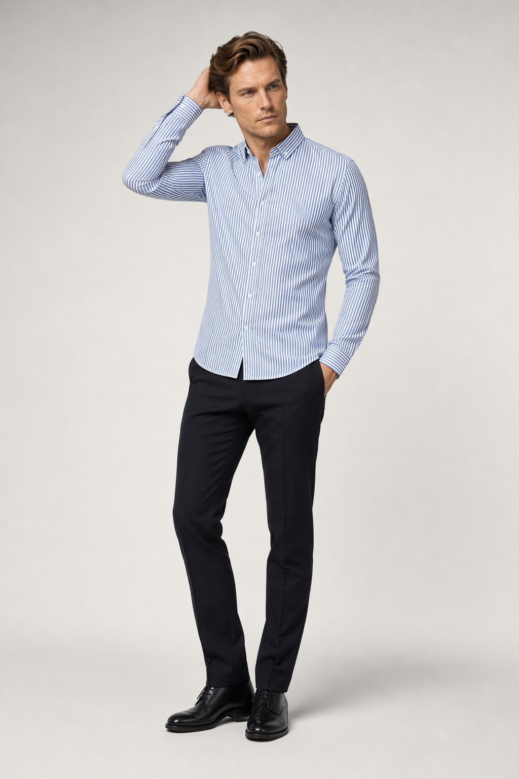 Slim Fit Vertical Stripe Button Down Shirt for Men Blue