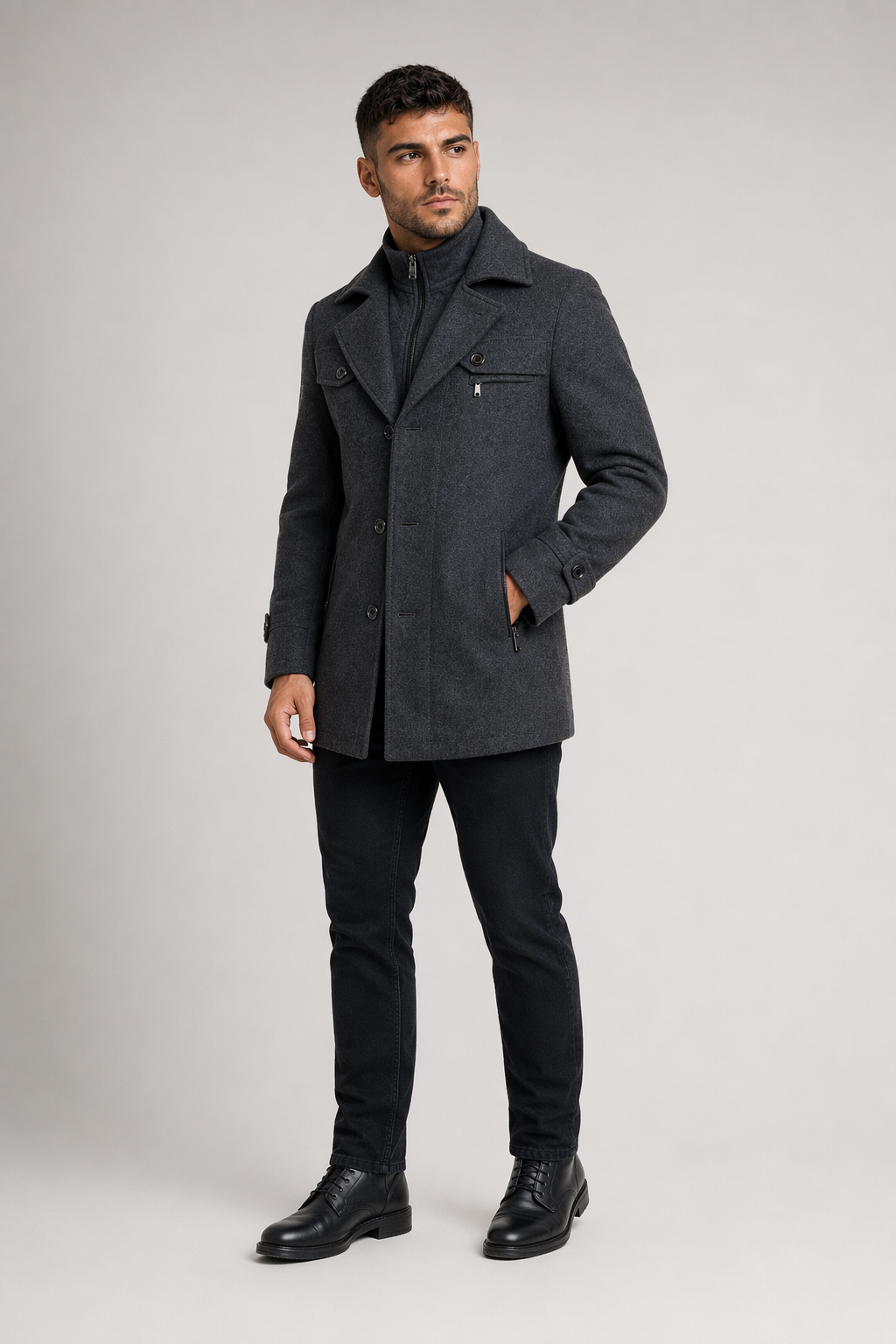 Military Style Men's Coat with Layered Collar and Button Front Gray